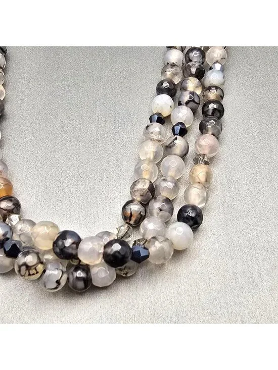 Multi-Strand Dragon Vein Agate Beaded Necklace 16" 925 Silver Clasp Undyed - Picture 3 of 13